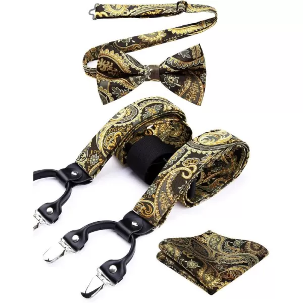 HISDERN Suspenders for Men Paisley Floral Bow tie Suspender Pocket Square Sets Adjustable Y Shape 6 Clips Wedding Braces