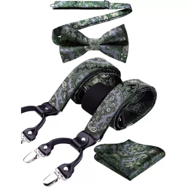 HISDERN Suspenders for Men Paisley Floral Bow tie Suspender Pocket Square Sets Adjustable Y Shape 6 Clips Wedding Braces