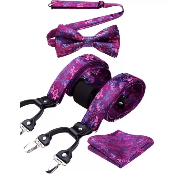 HISDERN Suspenders for Men Paisley Floral Bow tie Suspender Pocket Square Sets Adjustable Y Shape 6 Clips Wedding Braces