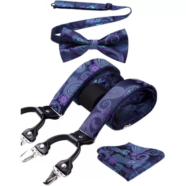 HISDERN Suspenders for Men Paisley Floral Bow tie Suspender Pocket Square Sets Adjustable Y Shape 6 Clips Wedding Braces