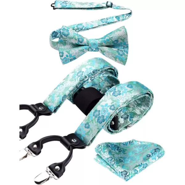 HISDERN Suspenders for Men Paisley Floral Bow tie Suspender Pocket Square Sets Adjustable Y Shape 6 Clips Wedding Braces