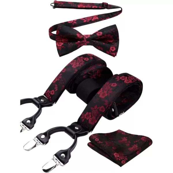 HISDERN Suspenders for Men Paisley Floral Bow tie Suspender Pocket Square Sets Adjustable Y Shape 6 Clips Wedding Braces