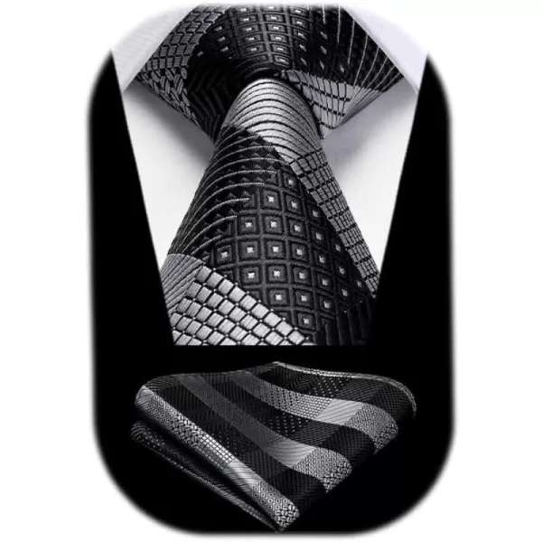 HISDERN Ties for Men Plaid Checkered Tie with Pocket Square Woven Business Formal Necktie Handkerchief Set Wedding Party