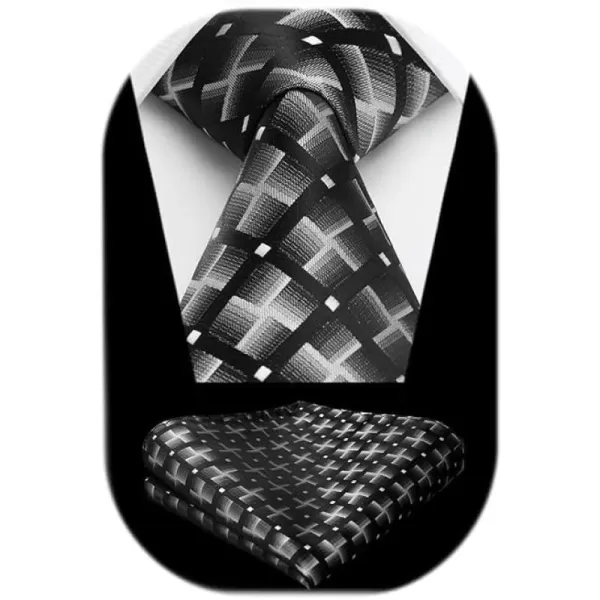 HISDERN Ties for Men Plaid Checkered Tie with Pocket Square Woven Business Formal Necktie Handkerchief Set Wedding Party