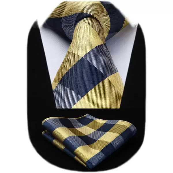 HISDERN Ties for Men Silk Extra Long Tie and Pocket Square Classic Plaid Checkered 63 inches Men's Neckties Business