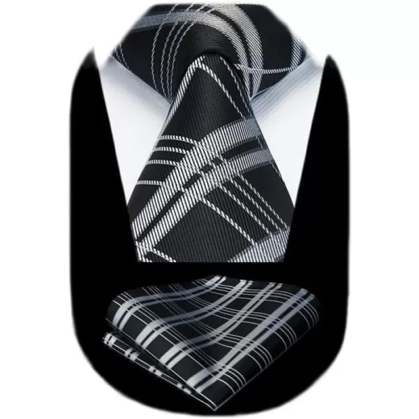 HISDERN Ties for Men Silk Extra Long Tie and Pocket Square Classic Plaid Checkered 63 inches Men's Neckties Business