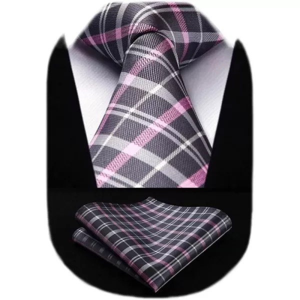 HISDERN Ties for Men Silk Extra Long Tie and Pocket Square Classic Plaid Checkered 63 inches Men's Neckties Business