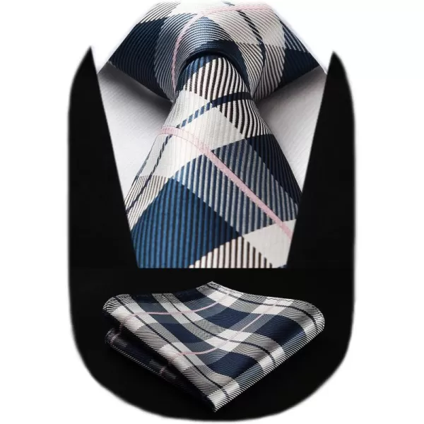 HISDERN Ties for Men Silk Extra Long Tie and Pocket Square Classic Plaid Checkered 63 inches Men's Neckties Business