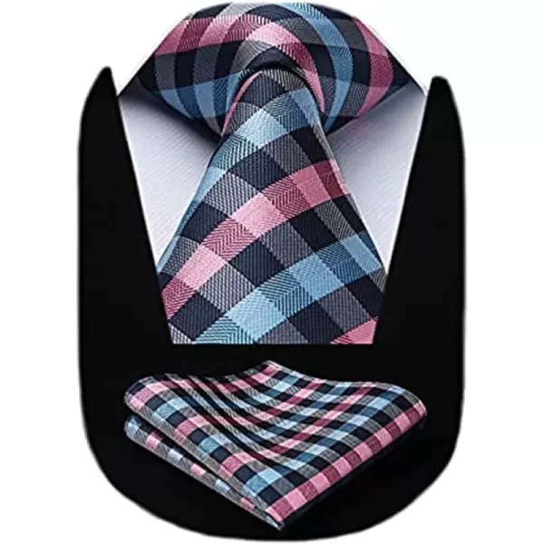 HISDERN Ties for Men Silk Extra Long Tie and Pocket Square Classic Plaid Checkered 63 inches Men's Neckties Business