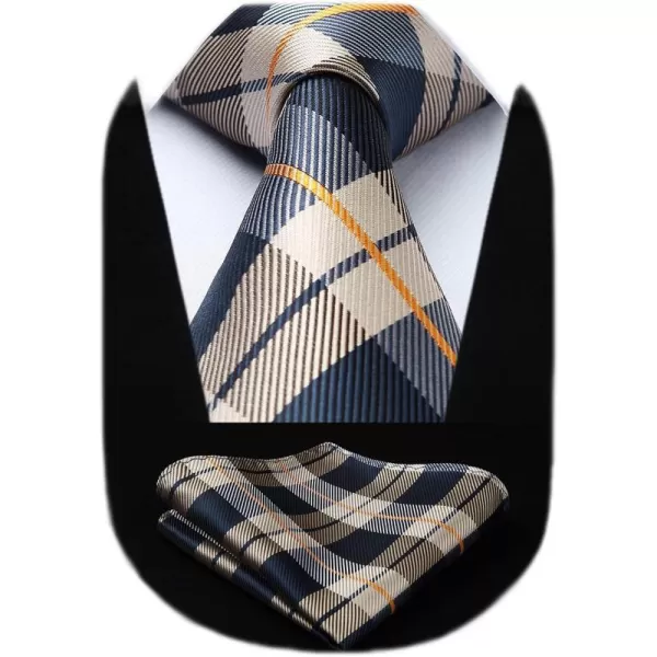 HISDERN Ties for Men Silk Extra Long Tie and Pocket Square Classic Plaid Checkered 63 inches Men's Neckties Business