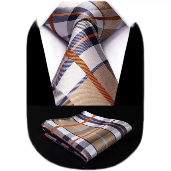 HISDERN Ties for Men Silk Extra Long Tie and Pocket Square Classic Plaid Checkered 63 inches Men's Neckties Business