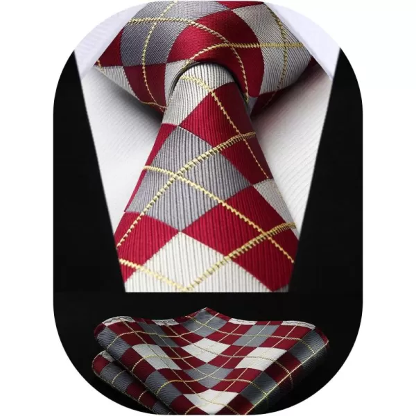 HISDERN Ties for Men Silk Extra Long Tie and Pocket Square Classic Plaid Checkered 63 inches Men's Neckties Business