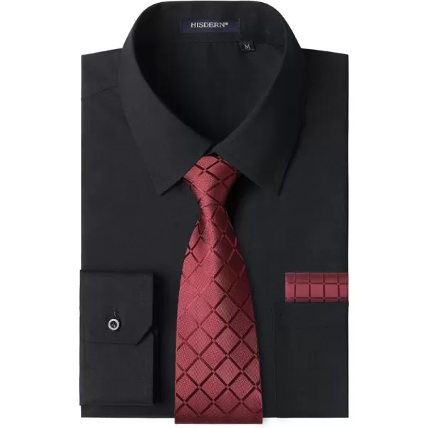 Men's Solid Long Sleeve Dress Shirt with Matching Tie and Handkerchief Set Classic Button Down Formal Business Shirts