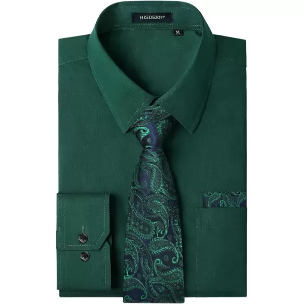 Men's Solid Long Sleeve Dress Shirt with Matching Tie and Handkerchief Set Classic Button Down Formal Business Shirts