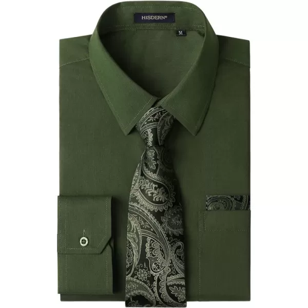 Men's Solid Long Sleeve Dress Shirt with Matching Tie and Handkerchief Set Classic Button Down Formal Business Shirts