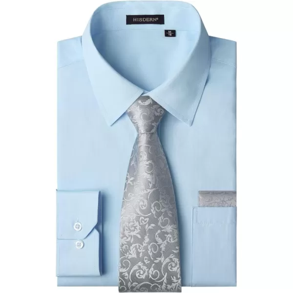 Men's Solid Long Sleeve Dress Shirt with Matching Tie and Handkerchief Set Classic Button Down Formal Business Shirts