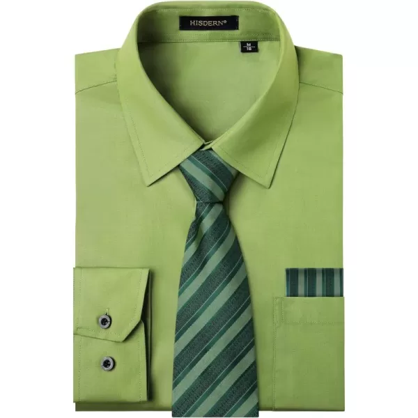 Men's Solid Long Sleeve Dress Shirt with Matching Tie and Handkerchief Set Classic Button Down Formal Business Shirts