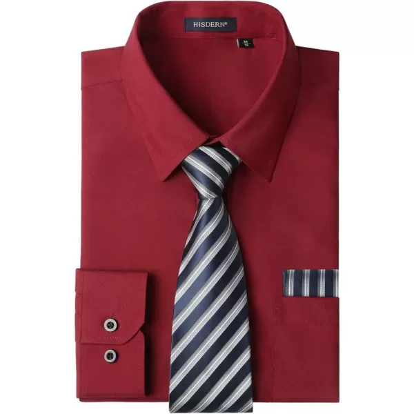 Men's Solid Long Sleeve Dress Shirt with Matching Tie and Handkerchief Set Classic Button Down Formal Business Shirts