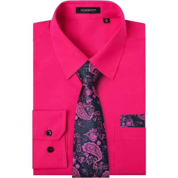 Men's Solid Long Sleeve Dress Shirt with Matching Tie and Handkerchief Set Classic Button Down Formal Business Shirts