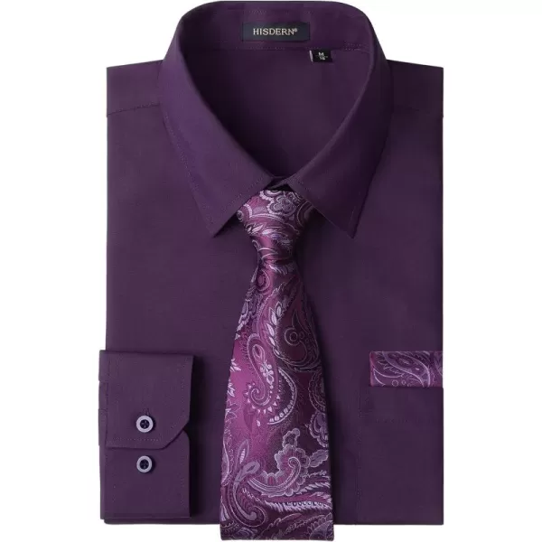 Men's Solid Long Sleeve Dress Shirt with Matching Tie and Handkerchief Set Classic Button Down Formal Business Shirts