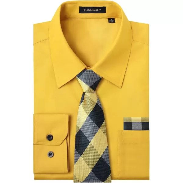 Men's Solid Long Sleeve Dress Shirt with Matching Tie and Handkerchief Set Classic Button Down Formal Business Shirts