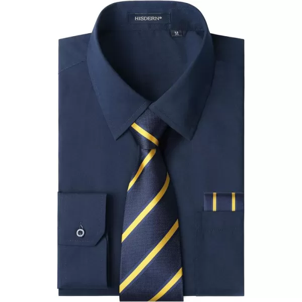 Men's Solid Long Sleeve Dress Shirt with Matching Tie and Handkerchief Set Classic Button Down Formal Business Shirts