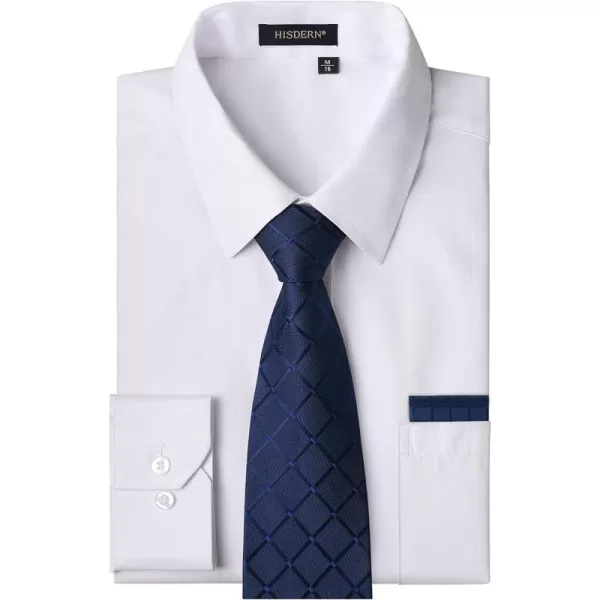 Men's Solid Long Sleeve Dress Shirt with Matching Tie and Handkerchief Set Classic Button Down Formal Business Shirts