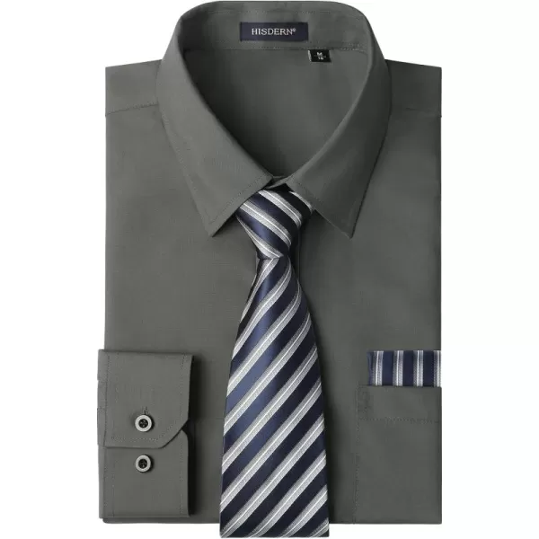 Men's Solid Long Sleeve Dress Shirt with Matching Tie and Handkerchief Set Classic Button Down Formal Business Shirts