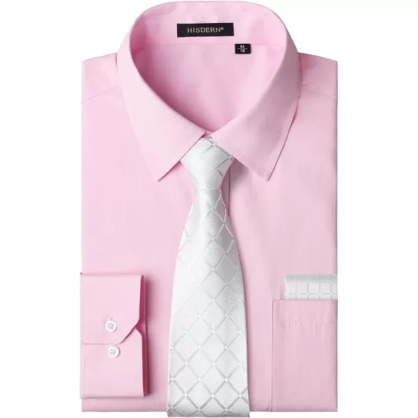 Men's Solid Long Sleeve Dress Shirt with Matching Tie and Handkerchief Set Classic Button Down Formal Business Shirts
