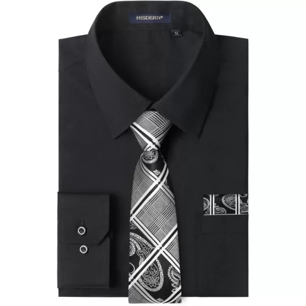 Men's Solid Long Sleeve Dress Shirt with Matching Tie and Handkerchief Set Classic Button Down Formal Business Shirts