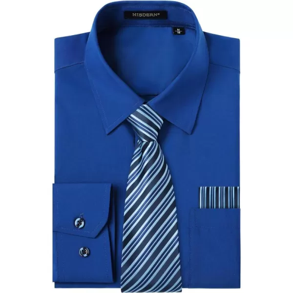 Men's Solid Long Sleeve Dress Shirt with Matching Tie and Handkerchief Set Classic Button Down Formal Business Shirts