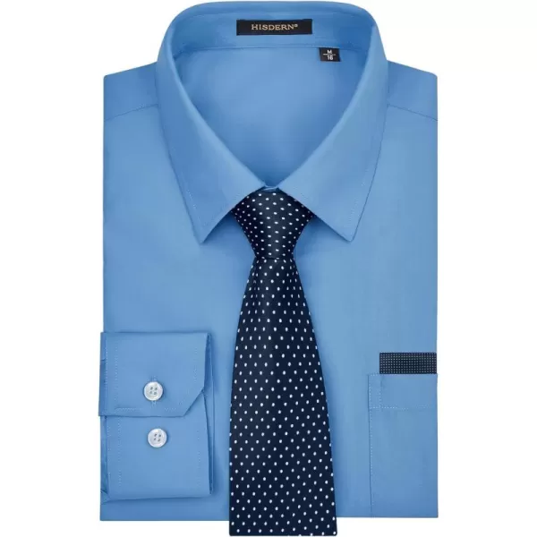 Men's Solid Long Sleeve Dress Shirt with Matching Tie and Handkerchief Set Classic Button Down Formal Business Shirts