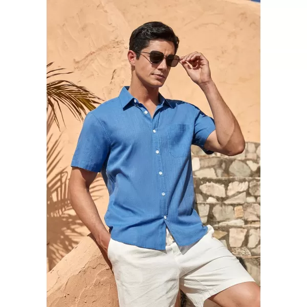 HISDERN Linen Cotton Shirts for Men Short Sleeve Casual Summer Button Down Shirt Beach Vacation Shirt with Pocket