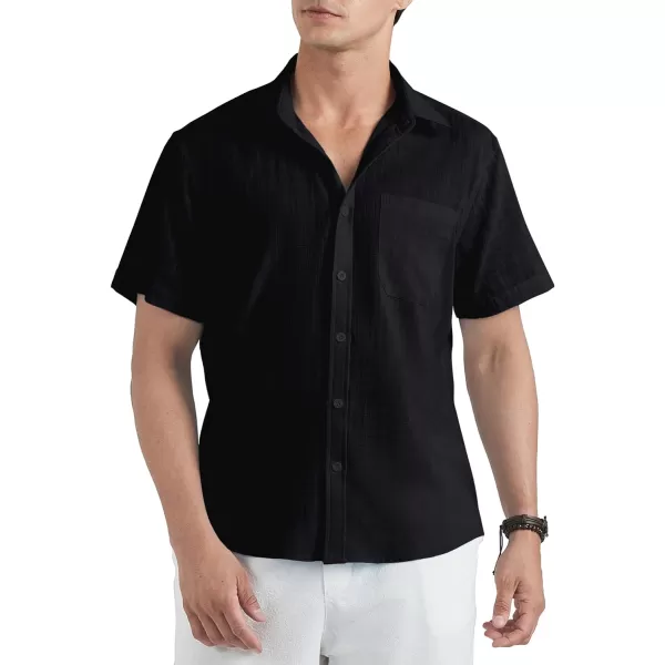 HISDERN Linen Cotton Shirts for Men Short Sleeve Casual Summer Button Down Shirt Beach Vacation Shirt with Pocket