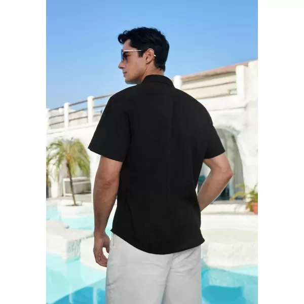 HISDERN Linen Cotton Shirts for Men Short Sleeve Casual Summer Button Down Shirt Beach Vacation Shirt with Pocket