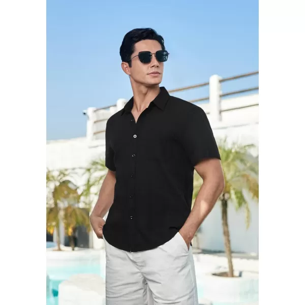 HISDERN Linen Cotton Shirts for Men Short Sleeve Casual Summer Button Down Shirt Beach Vacation Shirt with Pocket