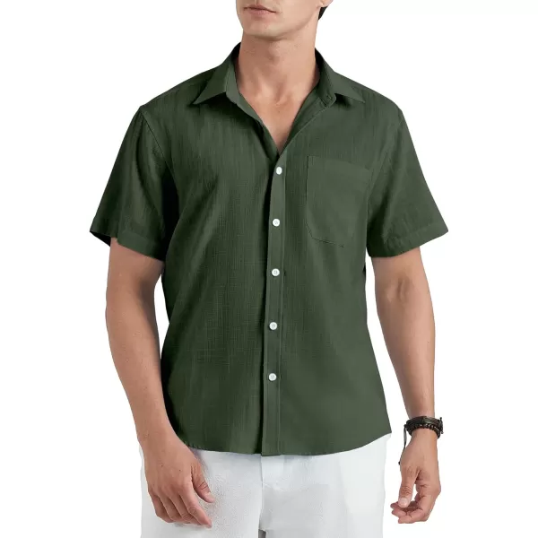 HISDERN Linen Cotton Shirts for Men Short Sleeve Casual Summer Button Down Shirt Beach Vacation Shirt with Pocket