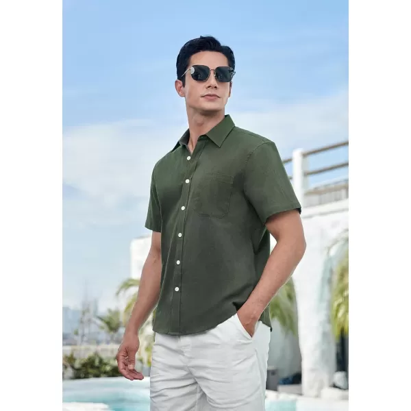 HISDERN Linen Cotton Shirts for Men Short Sleeve Casual Summer Button Down Shirt Beach Vacation Shirt with Pocket