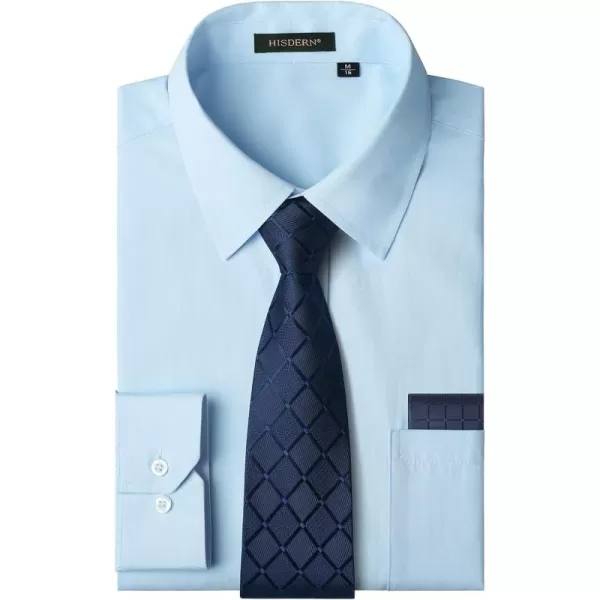 Men's Solid Long Sleeve Dress Shirt with Matching Tie and Handkerchief Set Classic Button Down Formal Business Shirts
