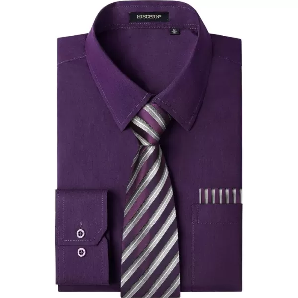 HISDERN Mens Dress Shirt and Tie Handkerchief Set Classic Long Sleeve Shirts Matching Ties Formal Button Down Shirts