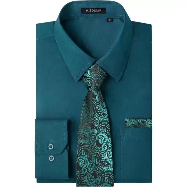 HISDERN Mens Dress Shirt and Tie Handkerchief Set Classic Long Sleeve Shirts Matching Ties Formal Button Down Shirts