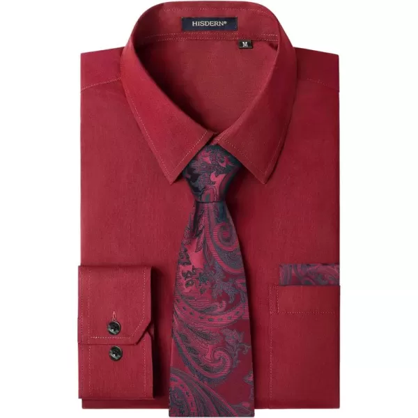 HISDERN Mens Dress Shirt and Tie Handkerchief Set Classic Long Sleeve Shirts Matching Ties Formal Button Down Shirts