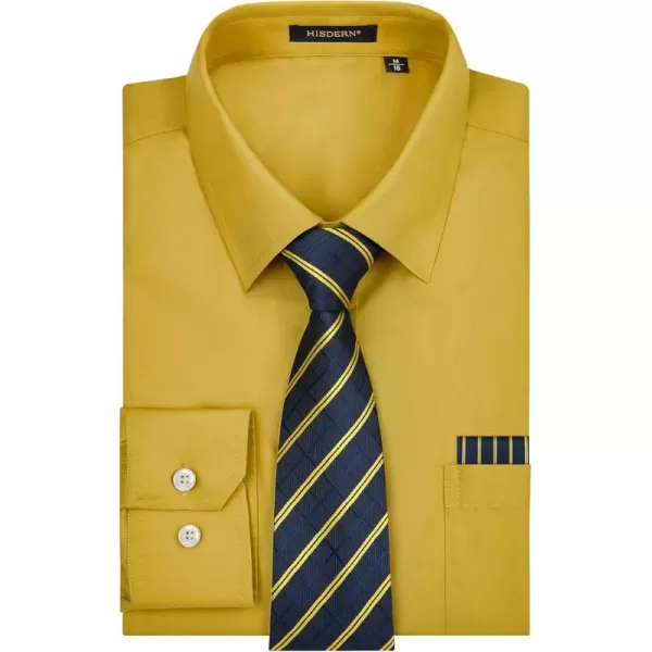 HISDERN Mens Dress Shirt and Tie Handkerchief Set Classic Long Sleeve Shirts Matching Ties Formal Button Down Shirts