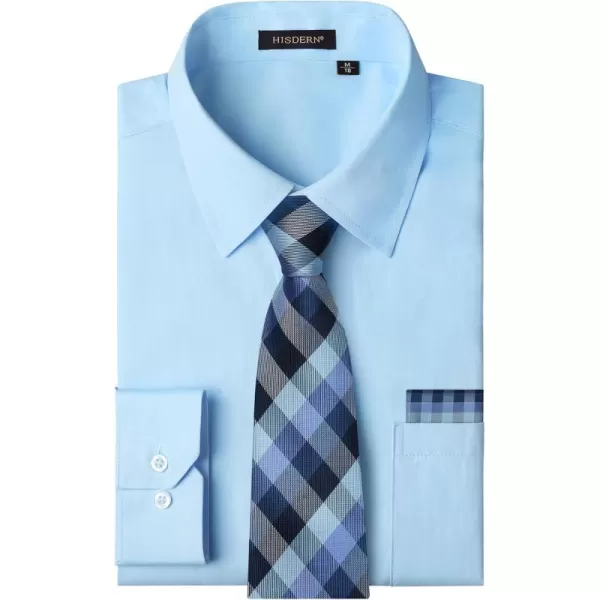 HISDERN Mens Dress Shirt and Tie Handkerchief Set Classic Long Sleeve Shirts Matching Ties Formal Button Down Shirts
