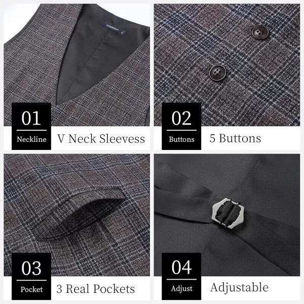 HISDERN Men's Suit Vest Business Plaid Formal Dress Waistcoat Slim Fit Vests for Men with 3 Pocket for Suit or Tuxedo