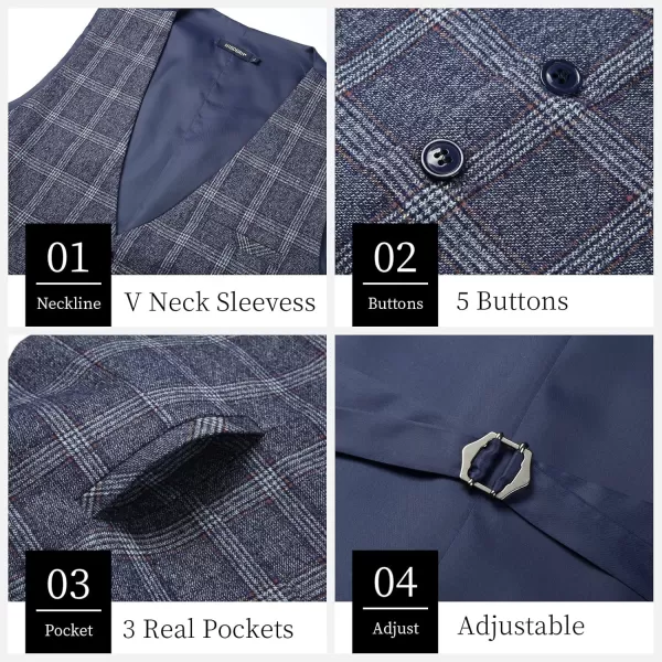 HISDERN Men's Suit Vest Business Plaid Formal Dress Waistcoat Slim Fit Vests for Men with 3 Pocket for Suit or Tuxedo