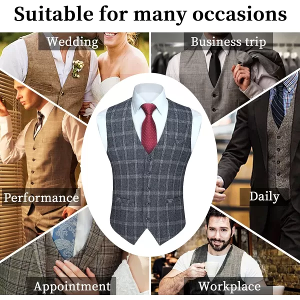 HISDERN Men's Suit Vest Business Plaid Formal Dress Waistcoat Slim Fit Vests for Men with 3 Pocket for Suit or Tuxedo