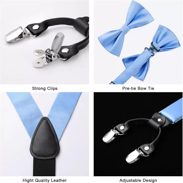 HISDERN Bow Tie and Suspenders for Men Suspender and Bowtie Handkerchief Set Adjustable Y Shape 6 Clips Wedding Brace