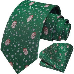 imageChristmas Ties for Men Festival Necktie Funny Vacation Xmas Tie Handkerchief Pocket Square Set for Holiday PartyGreen Santa Snowflake