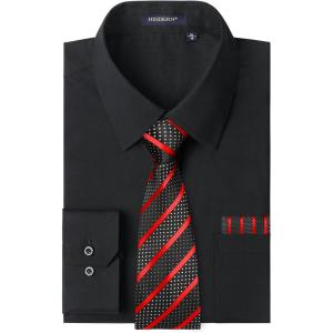 imageHISDERN Mens Dress Shirt Long Sleeve Matching Tie and Pocket Square Set Classic Button Down Formal Business ShirtsAblackStripe